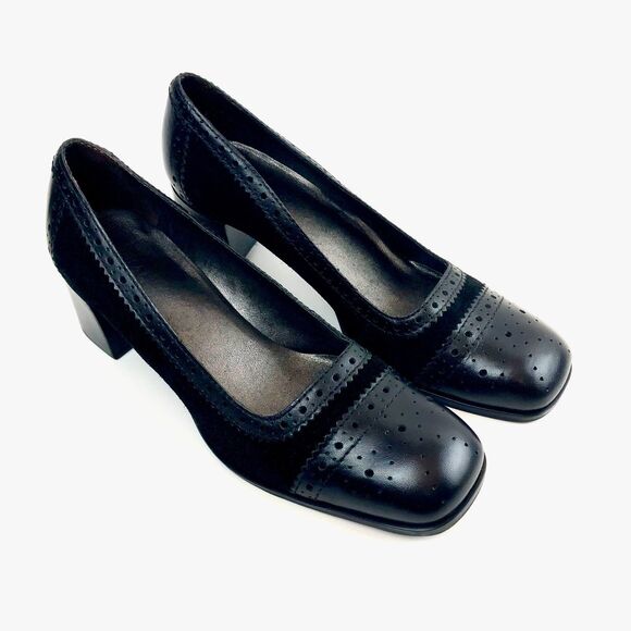 Vintage Black Leather Brogue Chunky Heels Pumps Shoes - Picture 1 of 9